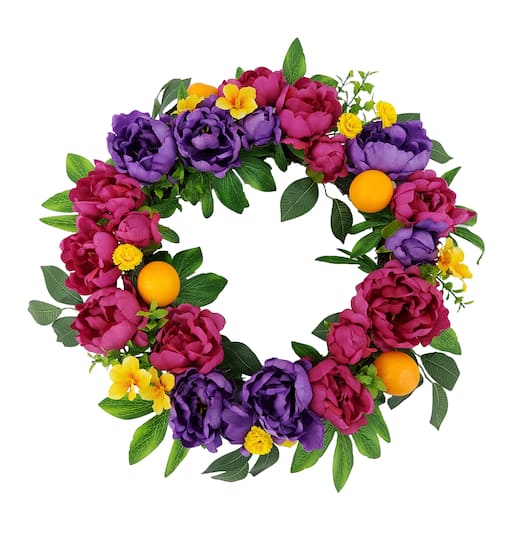 14&#x22; Fuchsia &#x26; Purple Peony with Oranges Wreath by Ashland&#xAE;